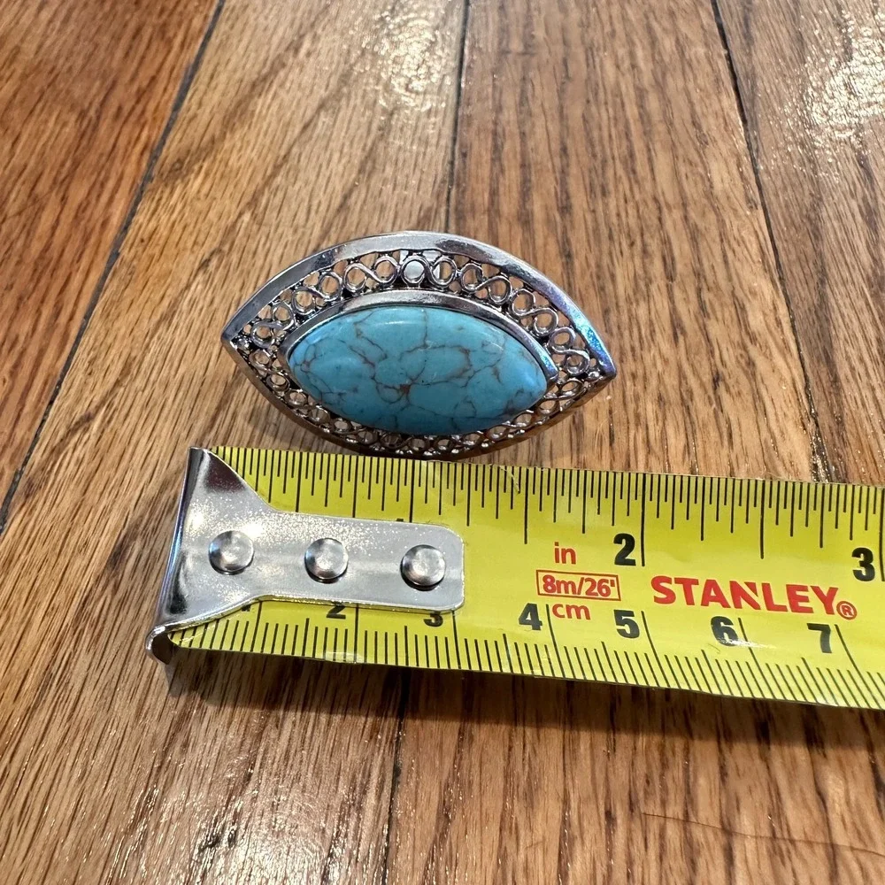 Boho Turquoise Oval Statement Ring Silver Tone Filigree Adjustable Vintage Gift